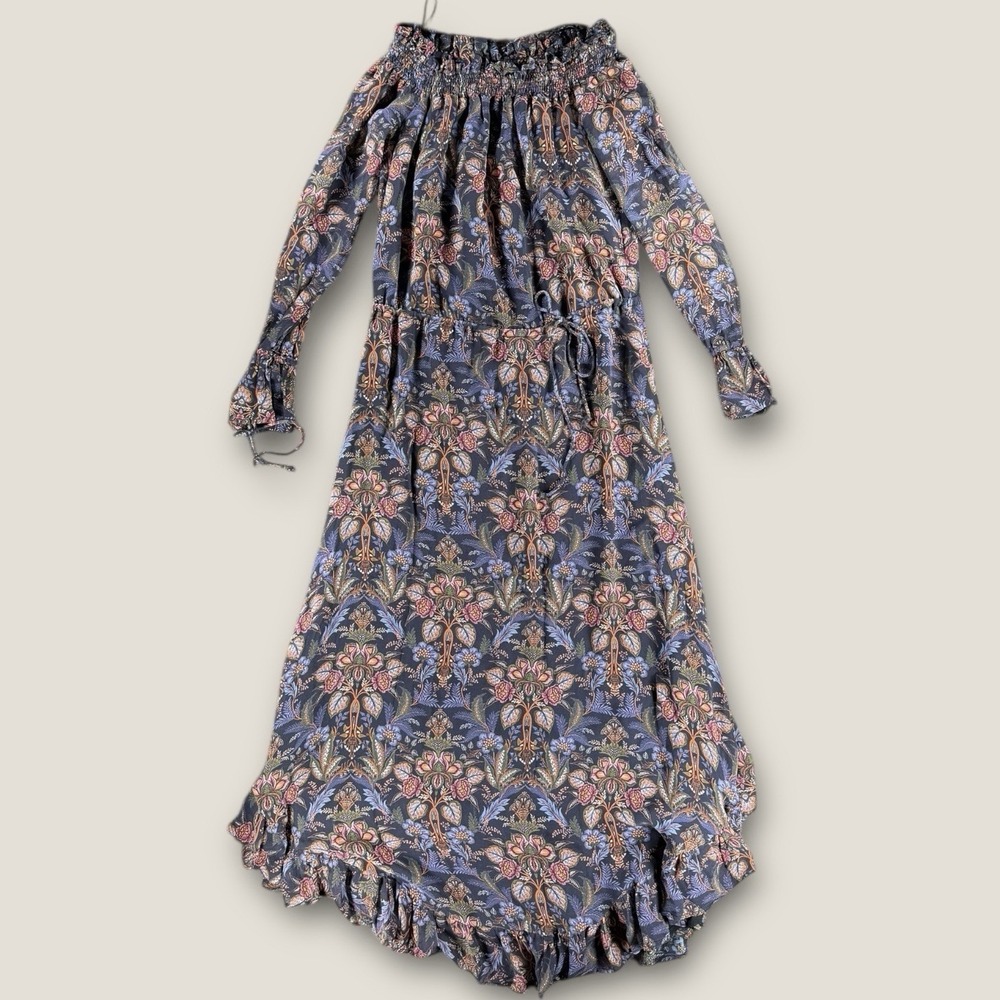 Ecru 100% Silk Maxi Dress XS Black‎ Floral Paisley Smocked Off Shoulder Ruffle